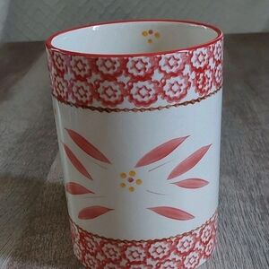 Hand-Painted Ceramic Floral Utensil Holder in Coral and Yellow